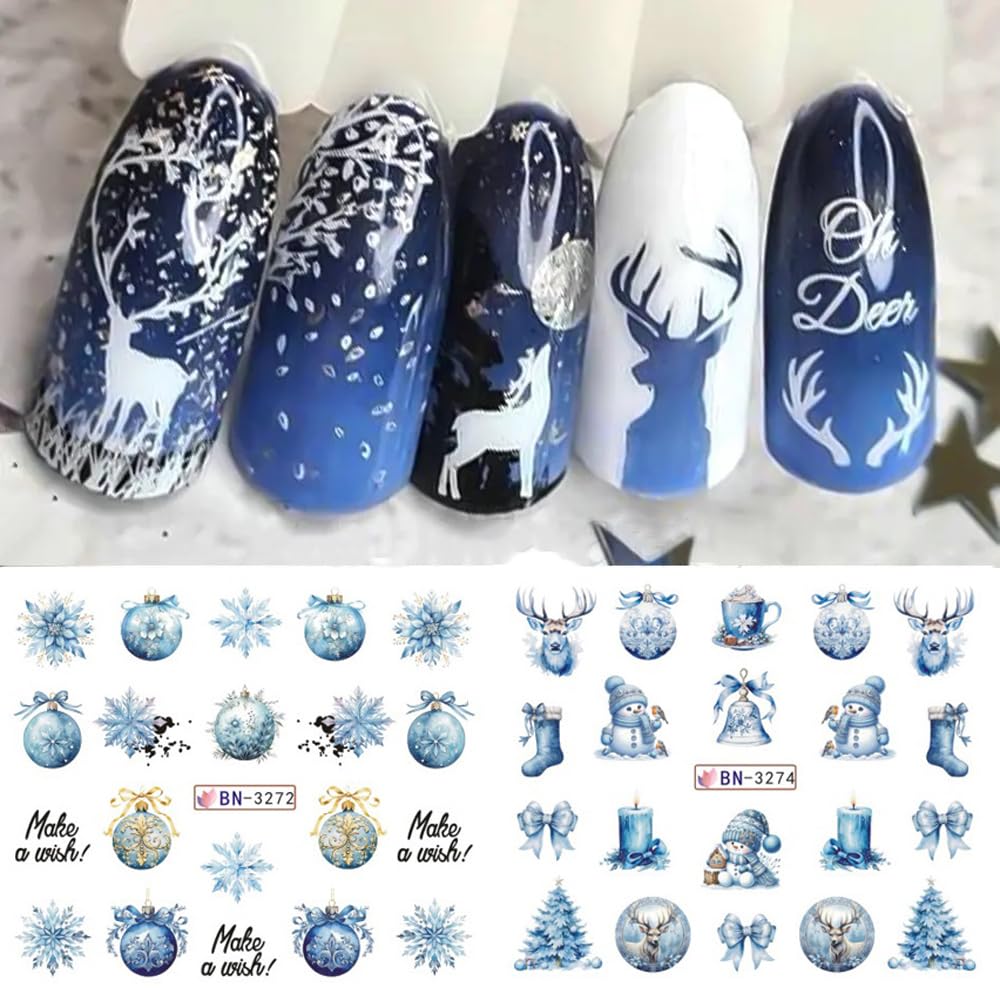 Christmas Nail Art Stickers Decals Winter Snowflake Snowman Acrylic Nail Decals Santa Claus Holographic Water Transfer Nail Foils Cute Gingerbread Man Xmas Tree Elk Penguin Sticker for Women DIY Nails-Velvo Beauty