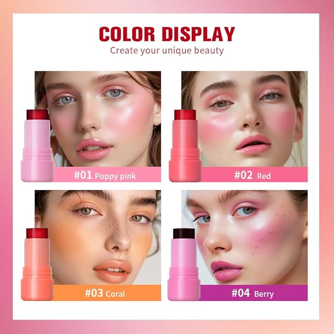 Jelly Cooling Blush Stick, Milk Water Tint, Clear Glossy Long Lasting Sheer Lip & Cheek Stain, Waterproof Light Non-Sticky Buildable Watercolor Finish-Vegan (#1 poppy pink, 0.17oz)-Velvo Beauty