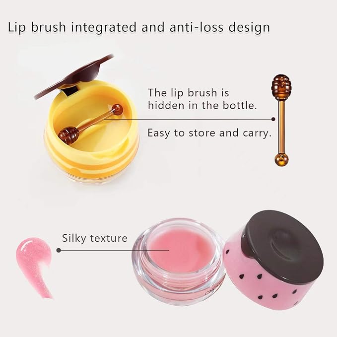 2PCS Honey Balm & Strawberry Lip Balm, Honey Lip Balm, Lip Masks for Dry and Cracked Lips with Brush, Lip Exfoliator & Moisturizer, Reduces Lips Lines & Lightens Lips, Anti-Wrinkle, Aging-Velvo Beauty