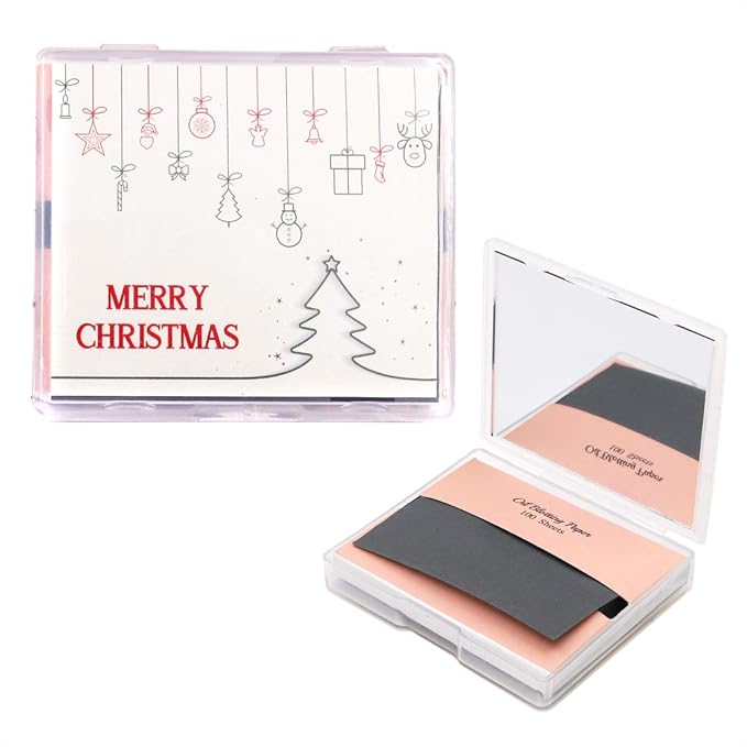 [200 Counts + Mirror Case] Christmas Edition Natural Bamboo Charcoal Oil Blotting Sheets for Face with Mirror Case-Velvo Beauty