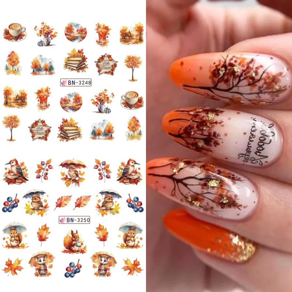 Maple Leaf Nail Art Stickers Decals Fall Thanksgiving Water Transfer Nail Foils Slider Stickers for Autumn Nail Art Accessories Cute Pumpkin Squirrel Leaf Flower Acrylic Nail Decals for Women Manicure-Velvo Beauty
