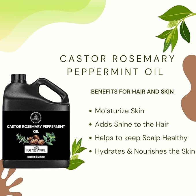 Naturevibe Botanicals Castor with Rosemary and Peppermint Oil 32 Ounces | 100% Pure and Natural | Great for Skin Care and Hair Care-Velvo Beauty