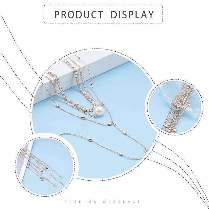 Bohemia Layered Y Lariat Choker Necklace Long Rhinestone Tennis Chain Necklace Floating Pearl Choker Necklace Gold Y Drop Necklace Chain Jewelry for Women and Girls-Velvo Beauty