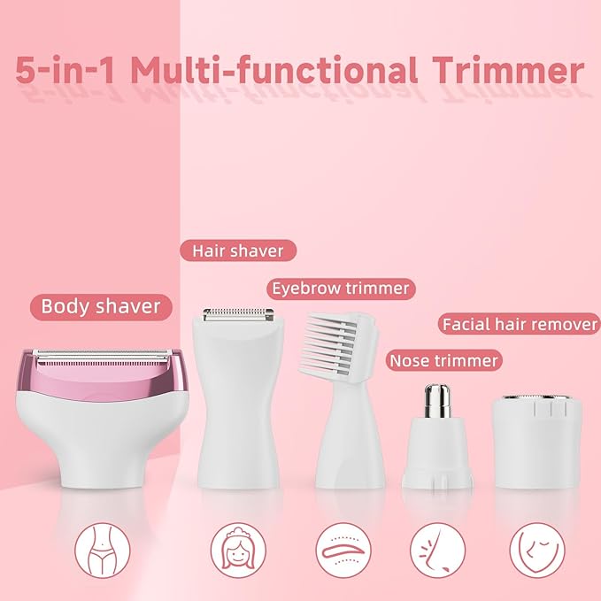 RUIM Bikini Trimmer for Women, 5 in 1 Electric Razors for Shaving, Waterproof Rechargeable Pubic Hair Trimmer with LED Display, Pink-Velvo Beauty
