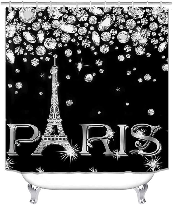 4PCS Eiffel Tower Shower Curtain Set, Luxury Jewelry Rhinestone Bling Diamond Paris Bathroom Decor, Waterproof Fabric Black Shower Curtain, Non-slip Bath Mat Toilet Lid Cover Bathroom Rugs-Velvo Beauty