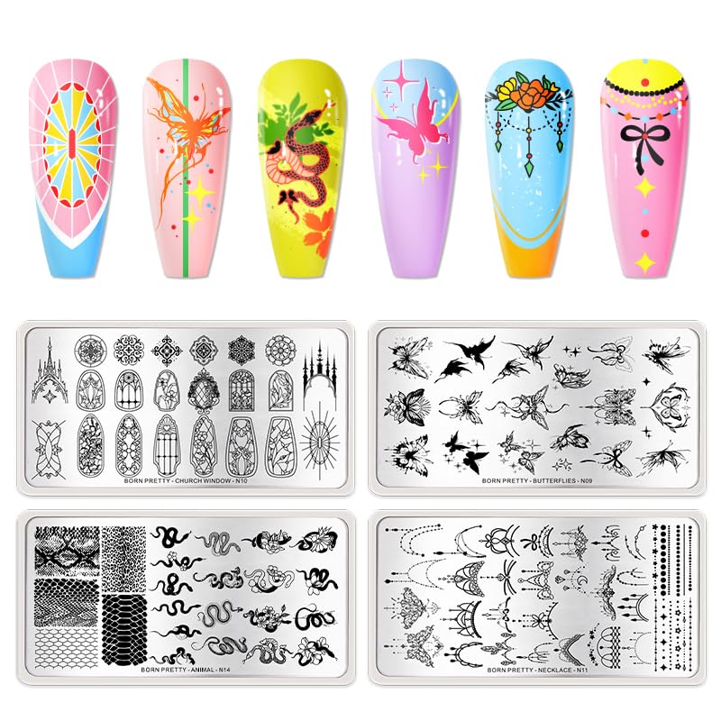 BORN PRETTY Stamping Temeplates Set,Butterfly Necklace Leopard Print Theme Nail Image Plates Nail Art Stamping Plate Manicuring DIY Printing Tools 4PCS-Velvo Beauty