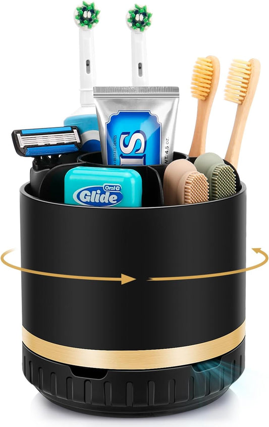 Bathroom Organizer Countertop - Rotating Black Toothbrush Holder for Bathroom Accessories Organization Detachable 6 Slots Bathroom Sink Storage Caddy Vanity Organizer-Velvo Beauty