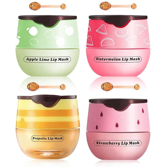 4 Pcs Honey Lip Balm, Strawberry Apple Watermelon Lip Mask, Moisturizing Lip Sleeping Mask, Hydrate Repair Prevent Dry Cracked Lip (Honey+Strawberry+Apple Lime+Watermelon)-Velvo Beauty