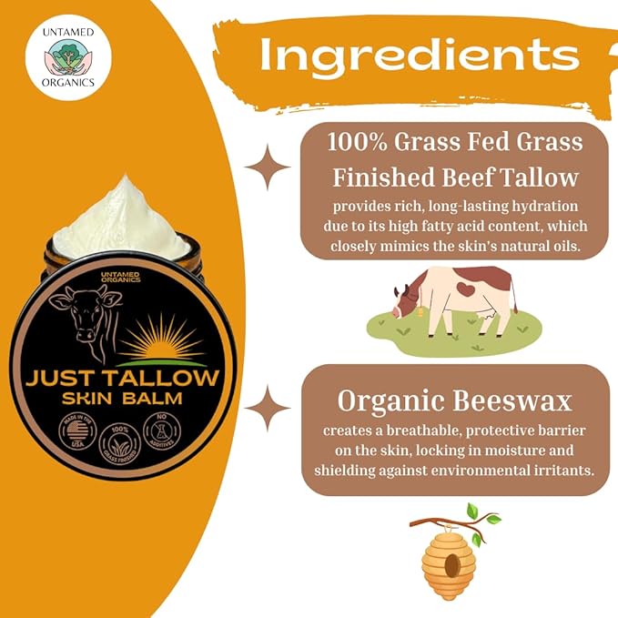 Untamed Organics Just Tallow 100% Grass-Fed Grass-Finished Beef Tallow Balm For Skin Care - Full Body & Face Moisturizer For Sensitive Skin, Eczema - All-Purpose Pure Tallow Cream (Unscented) 2 oz-Velvo Beauty