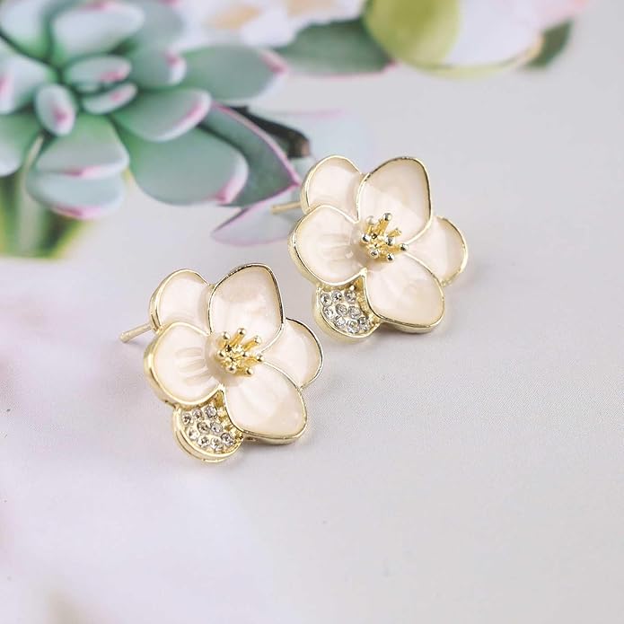Vintage Enamel Flower Stud Earrings Camellia Flower Earrings Gold Crystal Flower Petal Earrings White Petal Stud Earrings Jewelry for Women-Velvo Beauty