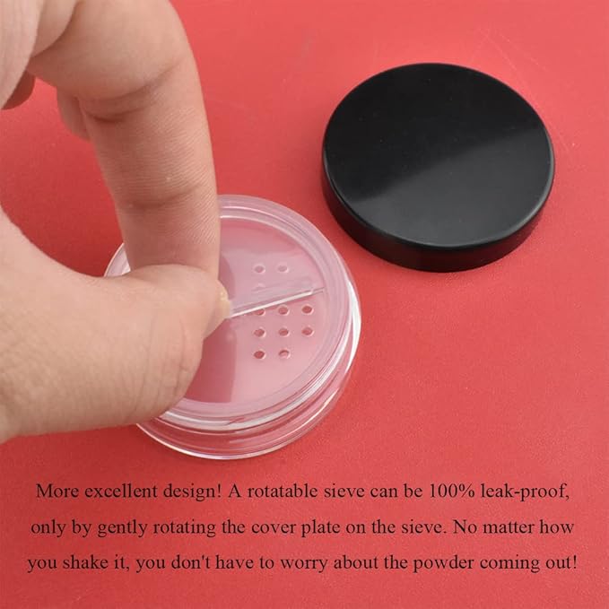 HAHIYO 4pcs 10ml/0.34oz Plastic Empty Travel Compact Case Makeup Cosmetic Jar Refillable Powder Box No Leak Holder with Rotatable Sifter and Black Screw Lid-Velvo Beauty