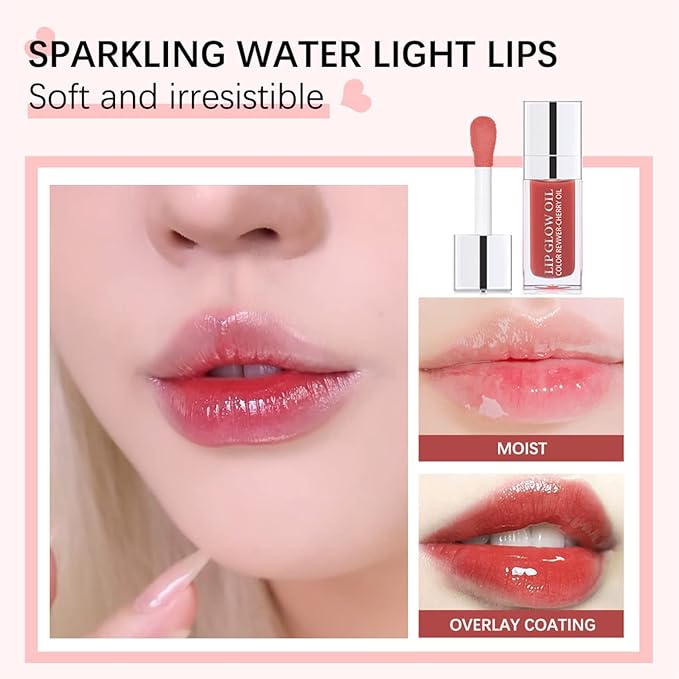 Plumping Lip Oil, Hydrating Lip Glow Oil Cherry, Plumper Lip Gloss Oil Set Clear, Lip Oil Tinted for Lip Care and Dry Lips, Long Lasting Nourishing Lip Glow Oil,Lip Plumper Gloss(001 PINK)-Velvo Beauty
