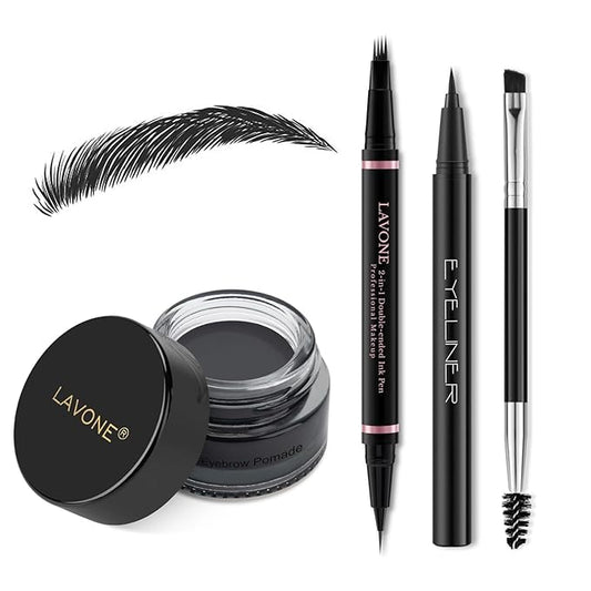 LAVONE Eyebrow Pencil Makeup Kit, with Waterproof 2-IN-1 Microblading Eyebrow Pen, Eyebrow Pomade, Eyeliner and Dual-ended Eyebrow Brush, Brow Pencil Kit for Natural Eyebrows - Black-Velvo Beauty