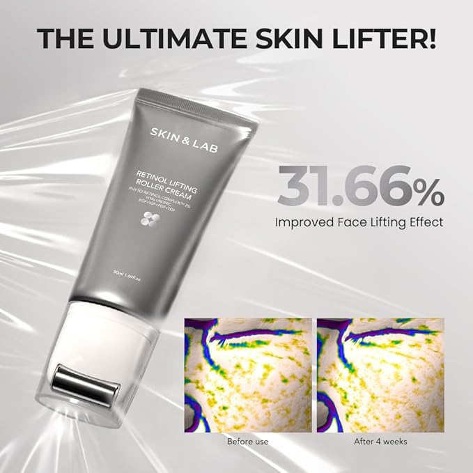 [SKIN&LAB] Retinol Lifting Roller Cream with Massage applicator, Vegan Anti Aging Face and Neck Cream for Reduce Wrinkles and Fine Line, For Face, Neck, Décolleté Wrinkle Care, 1.69 fl. oz.-Velvo Beauty