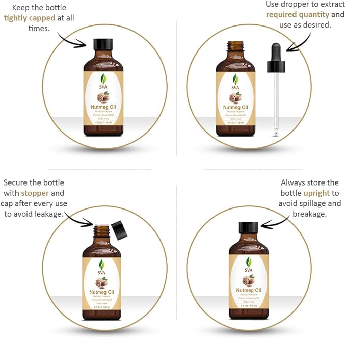 SVA Nutmeg Essential Oil – 4 Fl Oz – 100% Natural Nutmeg Oil - for Diffuser, Hair Care, Face, Skin Care, Aromatherapy, Scalp and Body Massage, Soap and Candle Making – with Dropper-Velvo Beauty