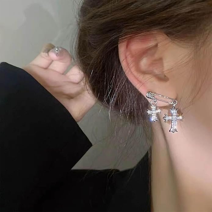 Vintage Crystal Cross Drop Earrings Rhinestone Cross Stud Earrings Silver Paperclip Earrings Sparkly Cz Crucifix Earrings Jewelry for Women-Velvo Beauty
