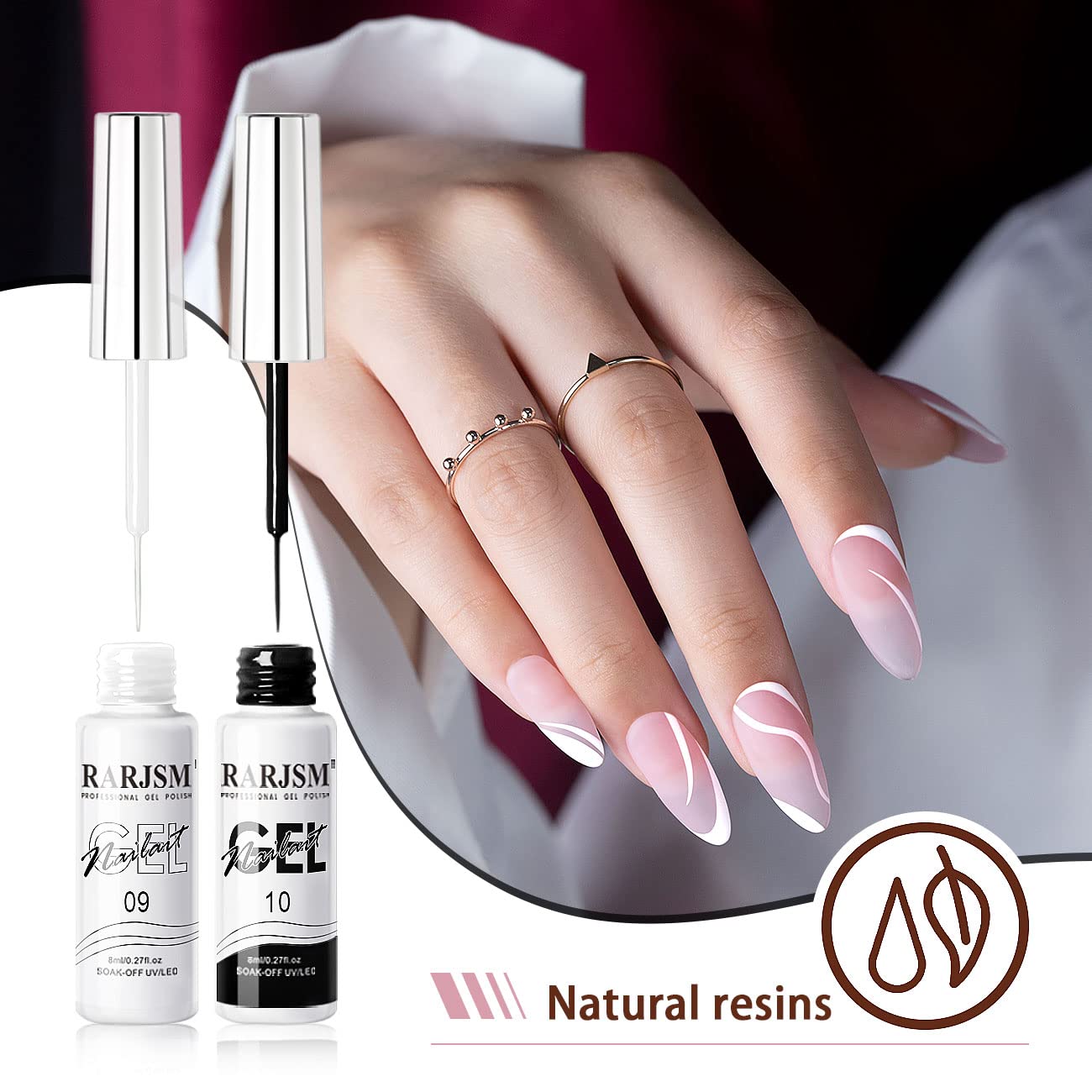 RARJSM Nail Art Gel,Liner Gel Polish,Black White Nail Design Polish Painted GelNailPolish Set 2Pcs Soak off Curing Requires 8ml Build in Thin Brush for Home Salon Diy Nails French Manicure Painting-Velvo Beauty