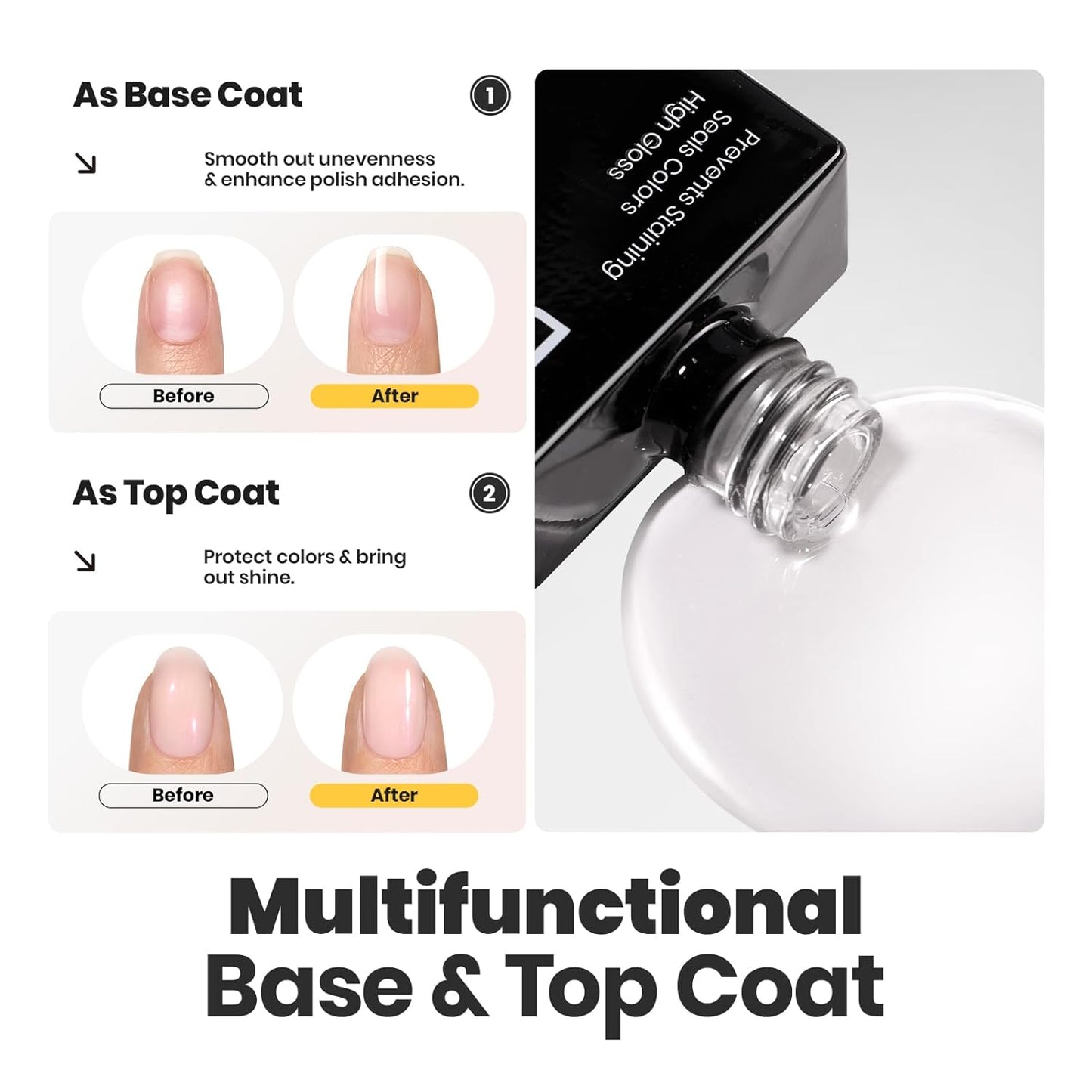 Beetles Nail Polish Top Coat and Base Coat Set Pearl Pink Fast Drying & Long Lasting Shine Nail Polish 2 IN 1 Protects Nails Enhances Glossy and Nourishes Nails for Women-Velvo Beauty