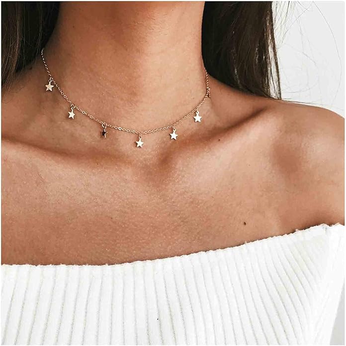 Boho Star Choker Necklace Gold Star Dangle Necklace Chain Short Minimalist Necklace Gold Collarbone Necklace Jewelry for Women Gifts-Velvo Beauty