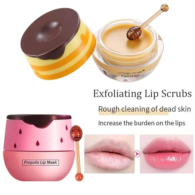 Bee Lip Balm Honey Pot, Strawberry & Honey Moisturizing Propolis Lip Mask, Hydrating & Prevention Dry and Cracked Lip Scrubs Exfoliator, Reduces Lip Lines (Yellow & Pink)-Velvo Beauty