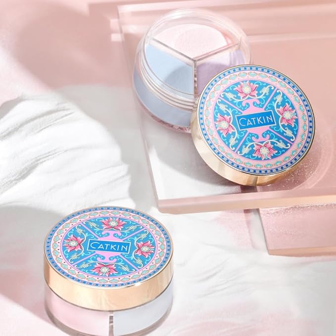 CATKIN Poreless Finish Loose Setting Powder Makeup, Translucent Natural Shimmer Finishing Makeup for All Skin Tones, 3 Colors Even Skin Tone – 0.42 oz Includes Velour Puff-Velvo Beauty