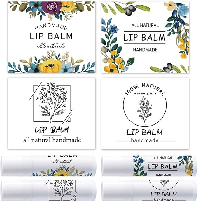 OLYCRAFT 100Pcs 4 Styles Lipstick Tag Stickers Flower Lip Balm Label Sticker 2.1x1.7 inch Self Adhesive Lipstick Labels with Handmade Words for Lip Balm Container Tubes Wrapping Decorations-Velvo Beauty