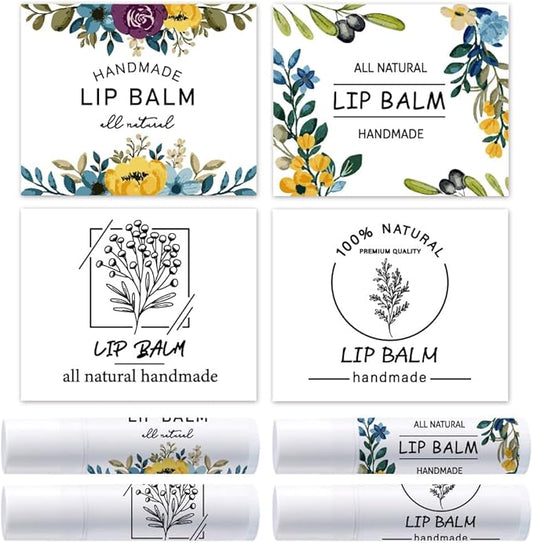 OLYCRAFT 100Pcs 4 Styles Lipstick Tag Stickers Flower Lip Balm Label Sticker 2.1x1.7 inch Self Adhesive Lipstick Labels with Handmade Words for Lip Balm Container Tubes Wrapping Decorations-Velvo Beauty