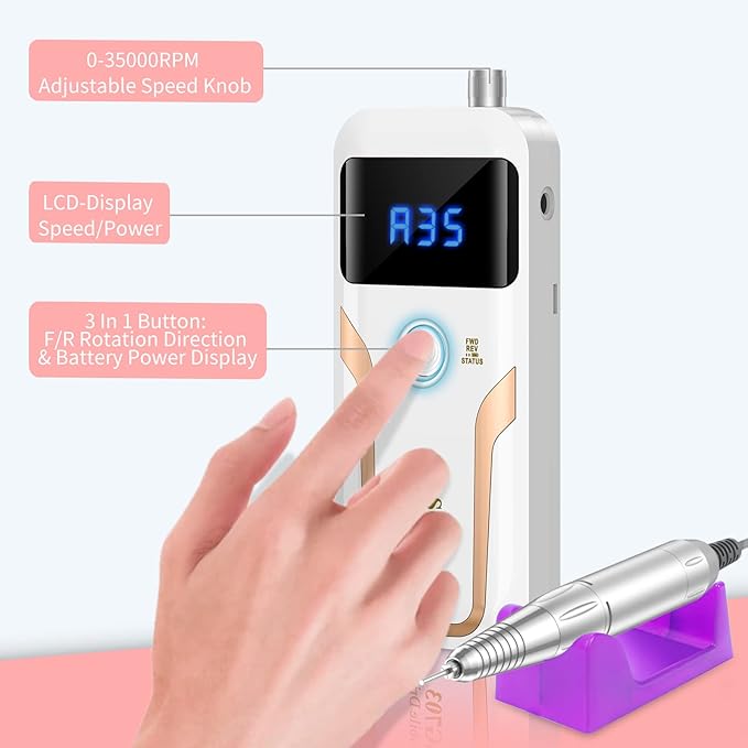 Portable Nail Drill Professional 35000 RPM, MOCOWIND Rechargeable Electric Nail File Machine for Acrylic Nails Gel Polishing Removing, Cordless E-File with Bits Kit for Manicure Salon Home, White-Velvo Beauty
