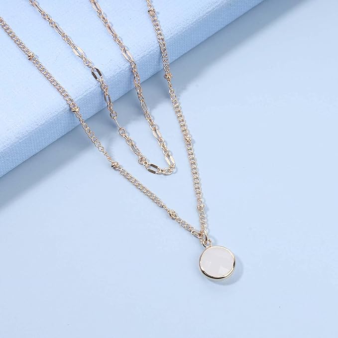 Boho Layered Opal Moonstone Necklace Choker Gold Round Opalite Necklace Clear Quartz Necklace Faceted Crystal Pendant Necklace Chain Jewelry for Women and Girls-Velvo Beauty