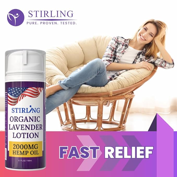 STIRLING Lavender Lotion – Organic Lavender with 2000mg Hemp Oil, Aloe Vera, and Vitamin E – Nourishing and Moisturizing Body Lotion for a Soft and Smooth Feel-Velvo Beauty