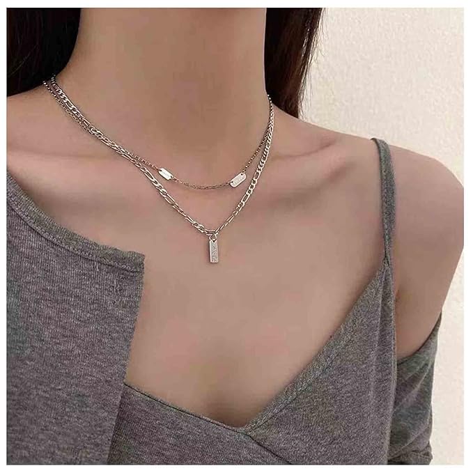 Boho Layered Silver Bar Necklace Choker Figaro Chain Necklace Vintage Layering Link Chain Necklace Geometric Necklace Jewelry for Women and Girls-Velvo Beauty