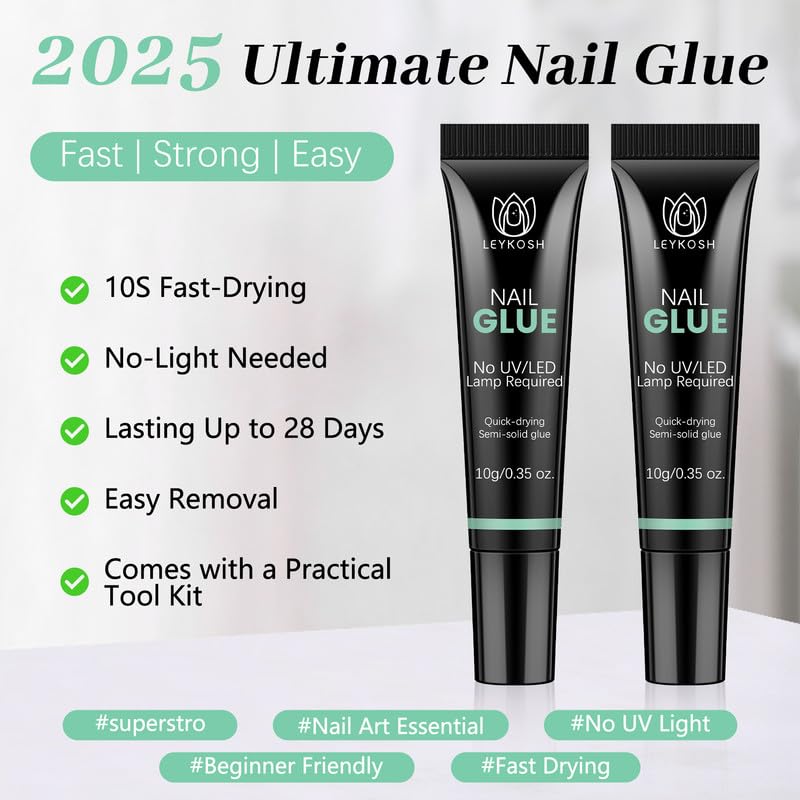 Nail Glue for Press Ons, 10s Fast-Drying No U V Light Needed - Upgrade Super Strong Semi Solid Nail Glue Last Up to 28+ Days & Easy to Remove, 10g*2 High Capacity Suitable for Fake & Acrylic Nail Tips-Velvo Beauty