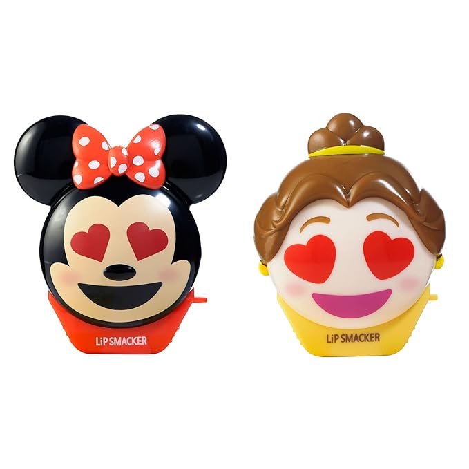 Lip Smacker Disney Minnie Mouse and Beauty And The Beast Belle Emoji Lip Balm Duo, Flavored Strawberry Lemonade, Bow-nade, 2 Pack-Velvo Beauty