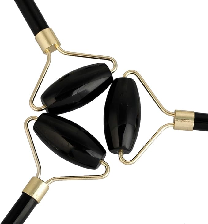 Rockcloud Natural Crystal Stone Roller Massager Double Neck Face & Neck Massage Therapy Anti-Aging Wrinkle Healing Slimming Skincare Tool,Black Obsidian-Velvo Beauty