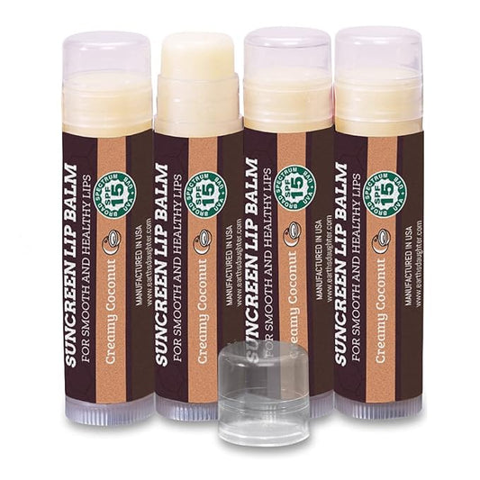 SPF Lip Balm 4-Pack by Earth's Daughter - Lip Sunscreen, SPF 15, Organic Ingredients, Coconut Flavor, Beeswax, Coconut Oil, Vitamin E - Hypoallergenic, Paraben Free, Gluten Free, New-Velvo Beauty