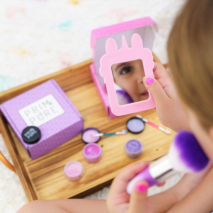 Prim and Pure Mineral Gift Set with Unicorn Mirror| Perfect for Play Dates & Birthday Parties | Kids Eyeshadow Makeup – Mineral Blush | Organic & Natural Makeup Kit for Kids| Made in USA (Purple)-Velvo Beauty