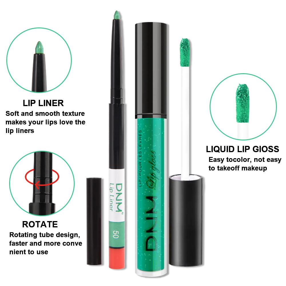evpct 2Pcs Green Shimmer Glitter Shiny Liquid Lipstick Lip Gloss Stain and Retractable Lip Liner Makeup Set for Women Long Lasting Waterproof 24 Hours Lipstick labial mate larga duracion 24 50#-Velvo Beauty