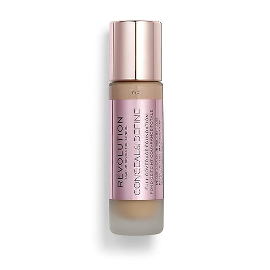 Makeup Revolution Conceal & Define Foundation, Cream Foundation Makeup, Full Coverage, For Medium Skin Tones, Vegan & Cruelty-Free, F10, 23ml-Velvo Beauty