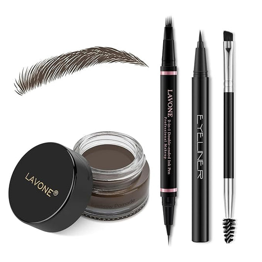 Eyebrow Pencil Makeup Kit, with Waterproof 2-IN-1 Microblading Eyebrow Pen, Eyebrow Pomade, Eyeliner and Dual-ended Eyebrow Brush, Brow Pencil Kit for Natural Eyebrows - Medium Brown-Velvo Beauty