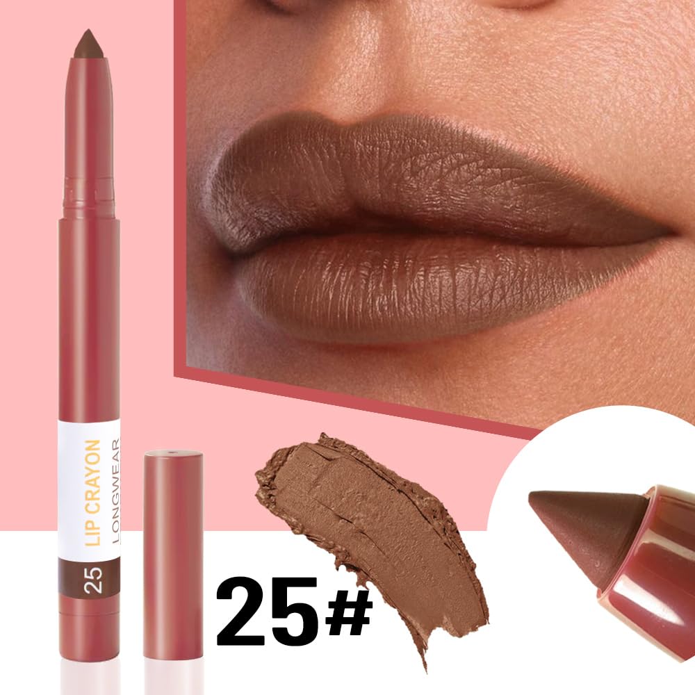 BINGBRUSH Lip Crayons Matte Longwear Lipstick Pack Set,Moisture Smooth Lipliner With Built-in Sharpener Ultimate Lip Crayon for Makeup- Waterproof Velvet Lipgloss Lip Stain(25#Saddle Brown)-Velvo Beauty