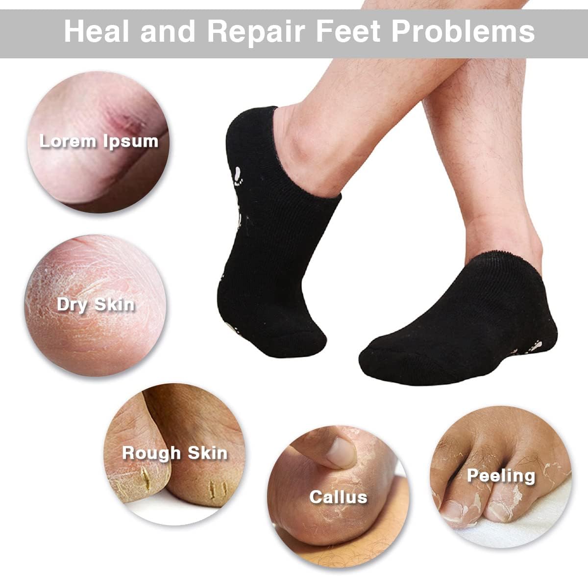 Codream Large Men's Moisturizing Gel Socks Men's Feet Care Ultimate Treatment for Dry Cracked Rough Skin on Feet Pack of 2 Pairs Black US Men 10-15-Velvo Beauty