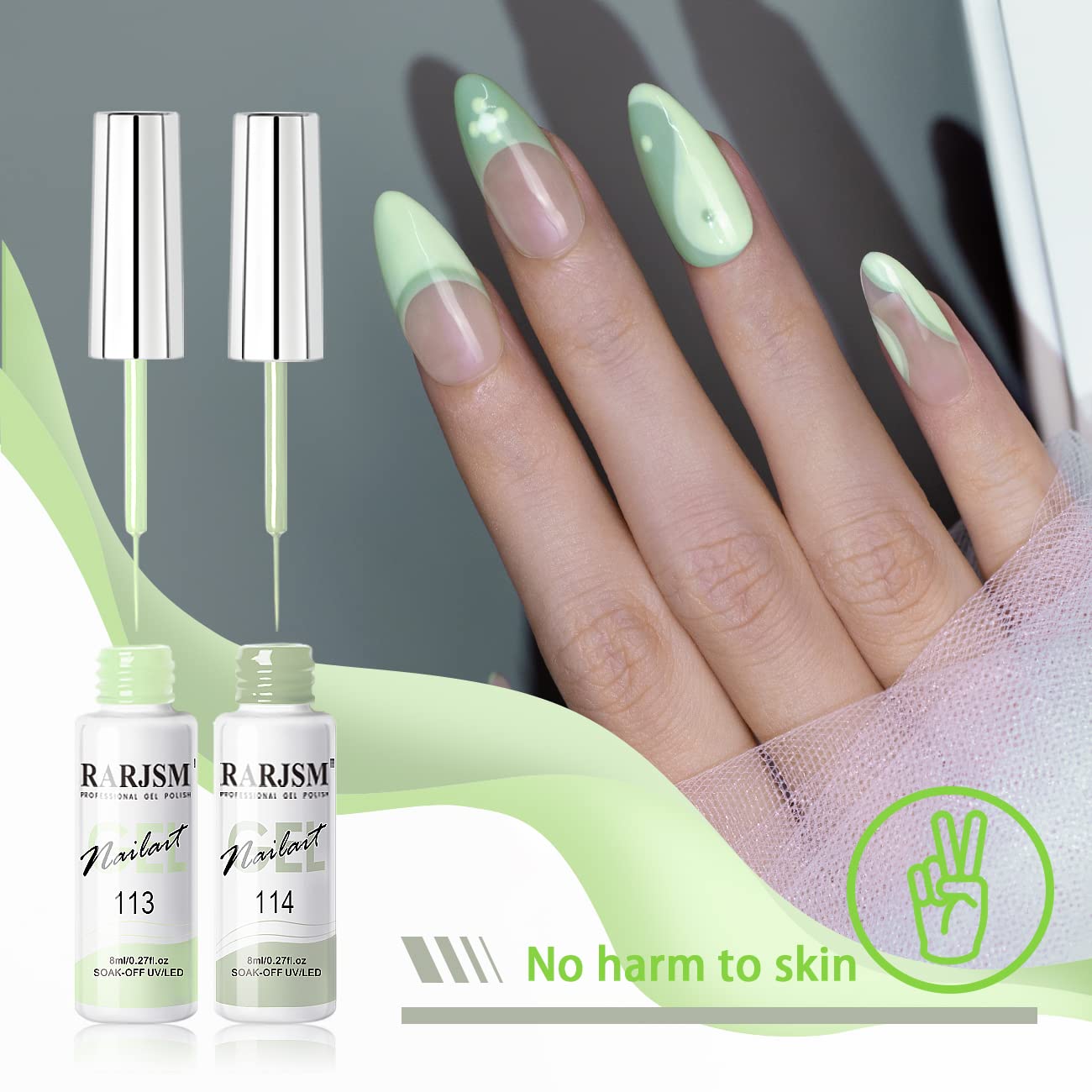 RARJSM Nail Art Liner Gel Nail Polish,Pastel Green Spring Summer Colors Pigment Gel Art Paint for Swirl Nails Painting Design Detailing Built in Thin Sharp Nail Brush Soak off Curing Required 8ml-Velvo Beauty