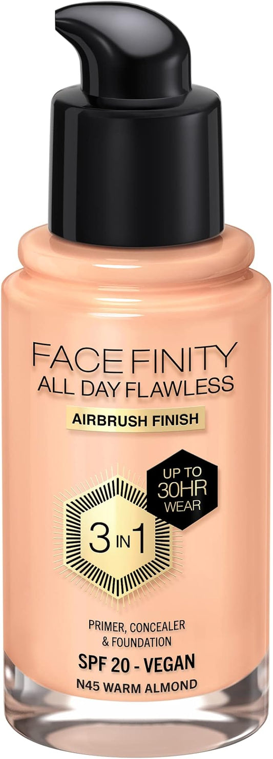 Max Factor Facefinity All Day Flawless 3 In 1 Foundation SPF 20, No. 45 Warm Almond-Velvo Beauty