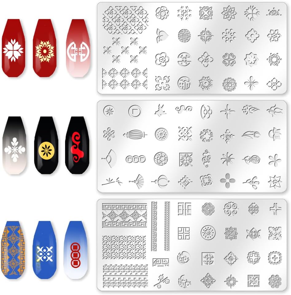 3Pcs Chinese Style Nail Stamping Plate Set Lucky Words Lanterns Bamboo Steel Nail Stamp Templates Clear Silicone Nails Stamping with Stamper Scraper for Manicure Printing-Velvo Beauty