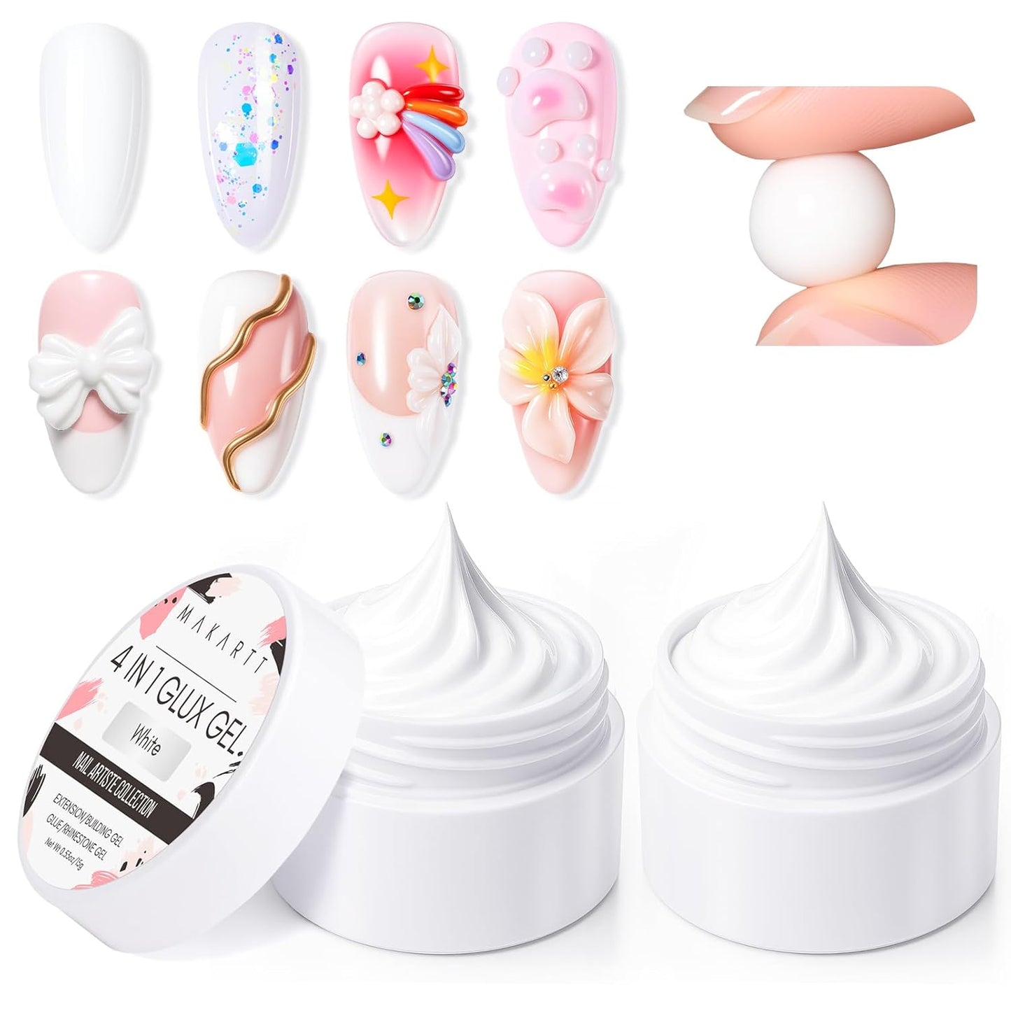 Makartt 3D Gel Nail Art: 4-in-1 Solid Builder Nail Gel White Non-sticky Hands for Extension, 15ML UV Glue for Acrylic Tips, 3D Nails Gels Sculpture Gels for Nails Art Salon Home DIY 2PCS 15ml-Velvo Beauty