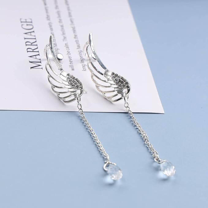 Boho Rhinestone Wing Ear Climbers Earrings Silver Crystal Drop Earring Chain Dangle Earrings Angel Wing Wrap Earrings Jewelry for Women and Girls Gifts-Velvo Beauty