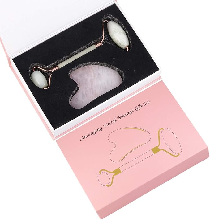 mookaitedecor Xiuyan Jade Roller & Rose Quartz Gua Sha Scraping Massage Tool Set, Face Massager for Wrinkles, Anti Aging-Velvo Beauty