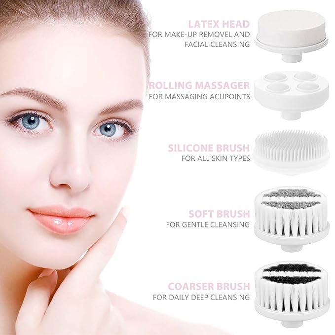 Waterproof Facial Cleansing Spin Brush Set with 5 Exfoliating Brush Heads - Electric Face Scrubber Cleanser Brush by CLSEVXY - Face Brush for Gentle Exfoliation and Deep Scrubbing-Velvo Beauty
