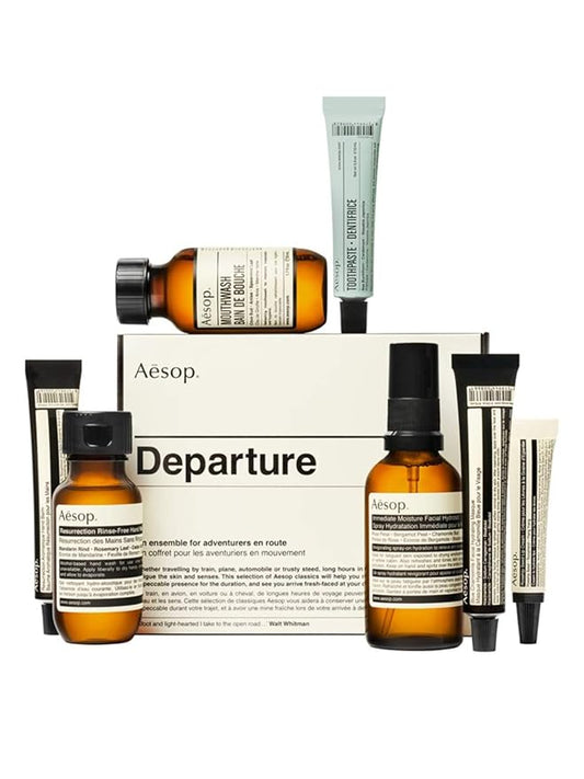Aesop Departure 7-Piece Travel Kit! Seven Travel-Sized Essentials For Hand Care, Skincare And Oral Care! Cleanse And Moisturize The Hands, Skin & Oral Hygiene! Arrive Fresh-Faced At Your Destination!-Velvo Beauty