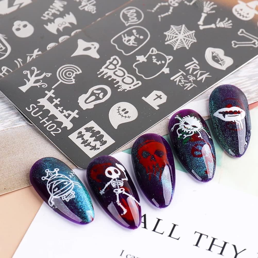 Halloween Nail Stamper Kit: 6 Pcs Stamp Template Plates with 1 Stamper, 1 Scraper - Horror, Ghost, Pumpkin, Skull, Bone Images - DIY Nail Art Set-Velvo Beauty